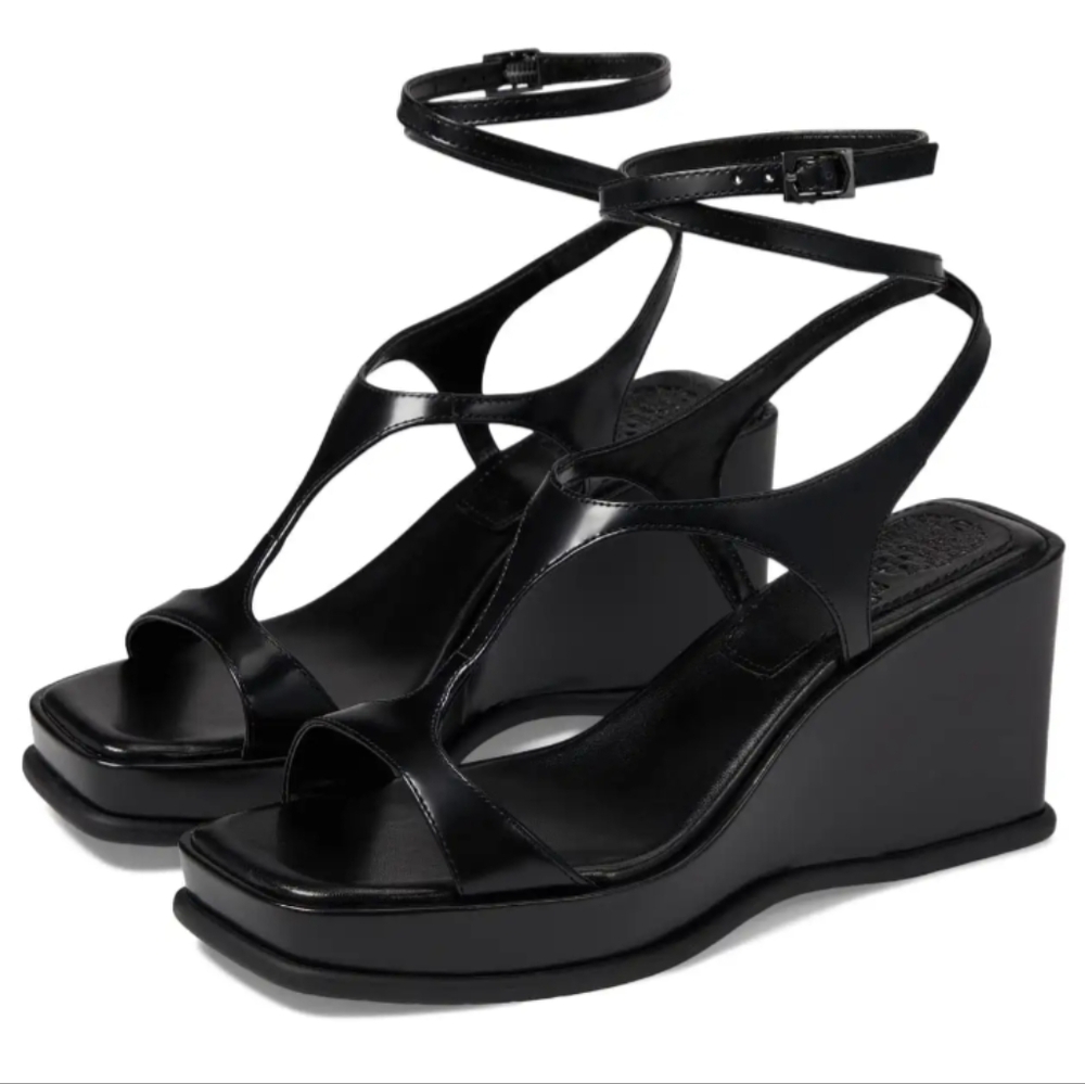 Vince Camuto Fetemee Black Leather Strappy Wedge Sandals size 8